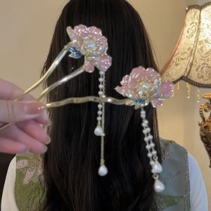 Luxury Flower Tassel Hairpin For Women Elegant Glitter Jewelry Hair Stick Hanfu Wedding Metal Hair Accessories Girls Hair Sticks
