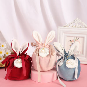 Rabbit Ears Easter Chocolate Candy Bag Round Velvet Drawstring Bag Cookies Snack Wedding Birthday Party Gift Bag