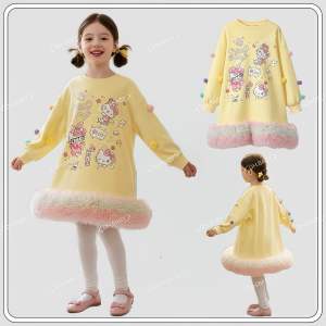 BB141  พร้อมส่งทุกวัน ชุดเซ็ทเด็กลายการ์ตูนแมวเหมียว เสื้อผ้าเด็ก เดรสลูกสาวแขนยาวมีประดับลูกตุ้ม แต่งระบายระยิบระยับ น่ารักมาก