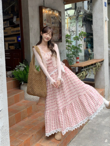 imimtuan | Bộ Đầm Dây Caro và Áo Cardigan Knit