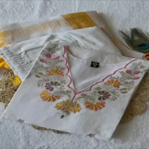 [PRE ORDER - 10 DAYS] Pure White Khadi Cotton Kurti Pant Dupatta Set with Multi-Thread Embroidery 417