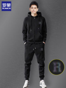 Romon Mens Sportswear Hoodie Jacket Casual Sweatpants Matching Two-Piece Set Winter 2025 New Style Comfortable Cotton Polyester Blend