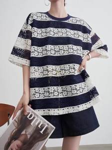 Blue and White Striped Lace Heavy Embroidery T-shirt Womens Short Sleeve