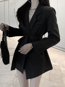 2024 Autumn Winter Womens Belted Waistcoat Design High-End Mid-Length Black Suit Jacket Stylish Commute Slim Fit Chinese Made