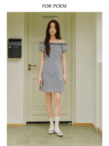 ForPoem Original Design Womens Checkered Dress with Waist-Cinching Bubble Sleeves And Ruffle Trim Commute Style Summer Dress