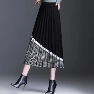 Váy Midi Chữ a Cạp Cao Dệt Kim Kẻ Caro Dày Dặn Cho Nữ Mùa Thu Đông Váy Xếp Ly Bằng Lông Cừu Dài