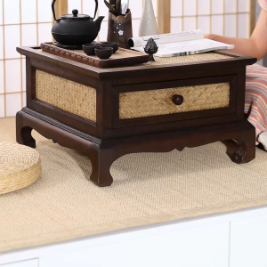 หน้าต่างลอยโต๊ะกาแฟสี่เหลี่ยมไม้เนื้อแข็งโต๊ะสี่เหลี่ยมขนาดเล็กไม้ไผ่สานโต๊ะชาเซนโต๊ะเตี้ยเสื่อทาทามิโบราณสไตล์โต๊ะเล็กชั้นเก็บของตู้เตี้ย