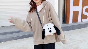 Túi Đeo Chéo Thú Nhồi Bông Chú Chó Đen Trắng Hoạt Hình Dễ Thương