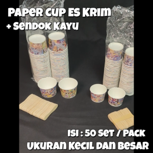 Paper Cup Ice Cream + Sendok Kayu Ukuran Kecil Isi 50 Set / Gelas Es Krim