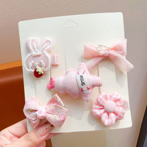 Pink Bow Ribbon Rabbit Flower Hair Clips Set