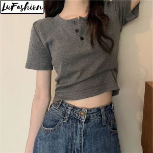 LuFashion Crop Tops for Women Summer Button Slim Cotton Short Sleeve Design Casual T-Shirts