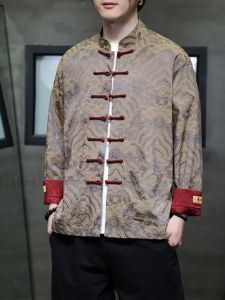 Loose Fit Long Sleeve Shirt Mens Mandarin Collar Embroidered Patchwork Polyester Casual Vintage Coat New Chinese Style Tang Costume