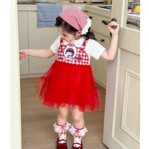 Princess Alice Girls Summer New Fashion Cartoon Mesh Puffy Dress Korean Style Cotton Polyester Blend Soft Fabric Short Sleeve