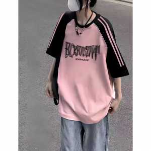 Pink Stripes Raglan Sleeve Pure Cotton Short Sleeve T-Shirt Female Youth Junior High School Student Fashion Brand Loose Half-Sleeve Top