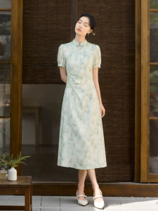 XIANGYING | Green Chinese Style Modified Cheongsam Dress Stand Collar Slim Waist