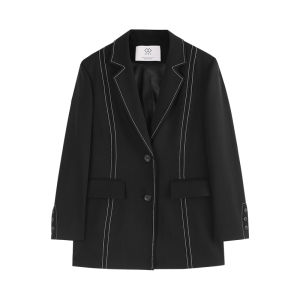 Simple Contrast Color Stitching Notch Lapel Straight Fit Stylish Black Suit Jacket