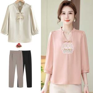 Fashionable Young Mom Summer Outfit New Chinese Style National Trend Chiffon Top V-neck Seven-quarter Sleeve T-shirt Set