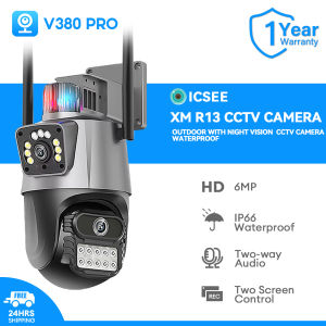 ICSEE XM R13 Dual Lens PTZ 6MP HD  CCTV Camera Outdoor Waterproof Night Vision Wifi Camera Surveillance With Big Speaker Police Light Alarm Dual Screens Security Camera