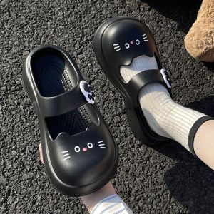 Cartoon Cat Summer Thong Slippers Womens 2025 New Mary Jane Cute EVA Outdoor Wear Hole Hole Shoes Women Low Heel Thick Bottom