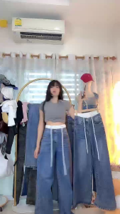 JIAQI กางเกงยีนส์สไตล์อเมริกัน การออกแบบสายเชือกแฟชั่นเชื่อมต่อขอบเอวสองสี กางเกงขายาวกระบอกตรงหลวมดูผอม S-5XL