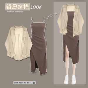 Váy Dây Cho Bà Bầu Cho Con Bú Mùa Thu Phong Cách Hàn Quốc Dài Tay Trang Phục Sau Sinh Hai Mảnh Che Giấu Mỡ Giúp Thon Gọn