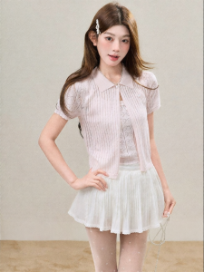 Bộ Đôi Mỏng Nhẹ Hè Áo Cardigan Cổ Notch Nơ Ren Dây Đeo Màu Hồng