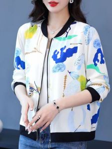 ฤดูร้อน เสื้อผ้าป้องกันแสงแดดแฟชั่น ผ้าไหม พิมพ์ลาย เสื้อแจ็คเก็ตสั้นแขนสั้น สําหรับ วัยกลางคนและผู้สูงอายุ ผู้หญิง สไตล์ฝรั่งเศส คอกลมแขนยาว