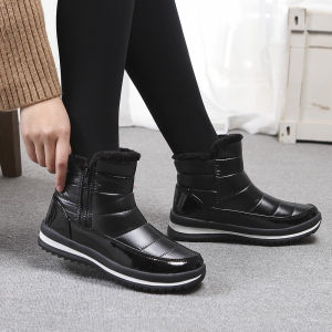 รองเท้าบูทกันน้ำหนาสำหรับใส่กลางแจ้งในฤดูหนาว ป้องกันการลื่นและตกปลิว รองเท้าผ้าใบแบบสวมสำหรับผู้หญิง ด้านบนทำจากขนสัตว์ผสมผ้าฝ้าย