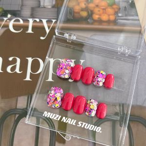 Muzi Wearable Nail Tips Short Bright Shiny Sequins White Enhancing Korean Style Nail Art False Nails Tips with Glue