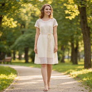 Gentle Solid Color Round Neck Belted Waist Summer Dress