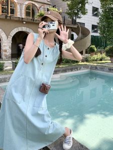 ล้างแล้ว เดนิม แขนกุด เดรส ผู้หญิง หลวม พรางหุ่น ฤดูร้อน รูปแบบใหม่ ลำลอง ลม กระโปรงทรงเอ วัสดุอื่น ๆ 100%