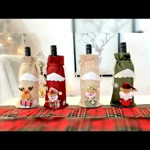 New Christmas Decorations Burlap Fence Wine Bottle Cover Drawstring Wine Bottle Cloth Bag