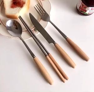 ready stock Creative wooden handle stainless steel knife fork fruit fork western steak knife fork spoon cutlery set with wooden handle soup spoon and chopsticks