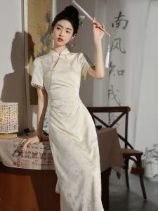 Váy Cưới Satin Pha Lụa Dài Tay Cổ Điển Phong Cách Trung Hoa Váy Cưới Chữ a Cho Lễ Kết Hôn Váy Cưới Ngắn Mùa Hè