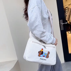 SEA YADOU  กระเป๋าสะพายไหล่ผ้าคอร์ดูรอย์น่ารักประดับลายหมาเย็บปักพร้อมซิป แฟชั่นลำลองสำหรับผู้หญิง