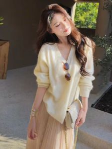 YUFUQING | Loose Long Sleeve V-Neck Knitted Sweater Women Early Autumn New Korean Style Comfortable Lazy Style Yellow Overhead Top