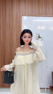 Váy Tơ Xốp Trễ Vai Đính Dây Kim Sa Lấp Lánh Tay Dài Bánh Bèo Tặng Kèm Quần Trong