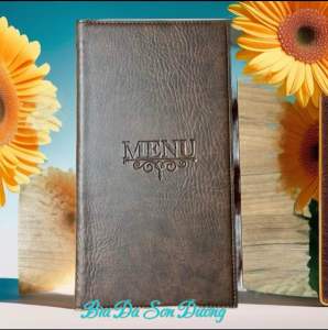 Bìa menu da PVC khổ A4 nhỏ (KT ruột 15x30cm)  loại 10 lá màu nâu cà phê cho nhà hàng.