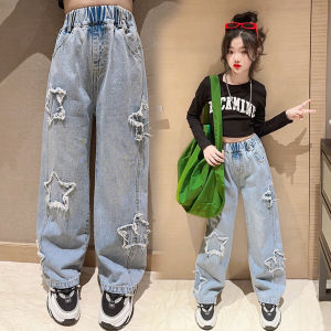 Rolanko Girls Jean Trousers Kids Wide Leg Baggy Denim Bottom Straight Pants Children Casual Clothes