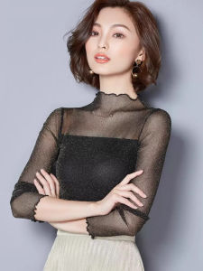 Black Lace Base Shirt Womens Inner Wear Autumn Winter New Style Fashionable Mesh Top Bright Thread Long Sleeve High Collar Thin