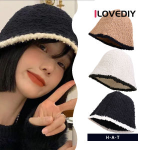 ILOVEDIY เสื้อสหมวกอบอุ่นเตอร์ถักแบบหนาแฟชั่นคลาสสิกสำหรับฤดูหนาว Topi Bucket ถักผ้ากำมะหยี่น่ารัก