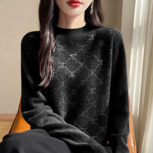 ใหม่ 2025 ผู้หญิง เสื้อถักแขนยาว ขนสัตว์ เสื้อเบสตัวใน ประดับเพชร ขนแกะแท้ 100 ทันสมัย ชุดชั้นใน เสื้อท่อนบน คุณภาพ