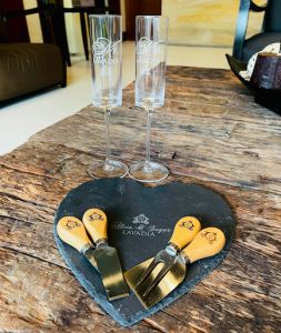 Couple Mr and Mrs Wedding Gift Valentines Day Gift Heart Black Slate Charcuterie Champagne Glasses Flute Wine Glass Etching Etched Engrave Engraved Cheese board gift set corporate giveaways giveaway principal sponsor cheese knives cutlery wedding toast