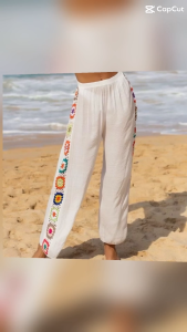 Mookrinstyle • พร้อมส่ง กางเกงถักข้างขายาว งานผ้าสาลู มี3 สี เอวยางยืด ถักลายดอกสวยงาม สไตล์ Bohemians pants