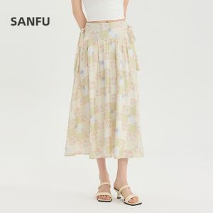 SANFU | New Summer Floral Tie Side Zipper High Waist A-line Skirt