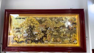 Tranh cội nguồn quê hương DxR: 2m3 x 1m2 bằng đồng mạ tam khí có đèn led khung gỗ thịt