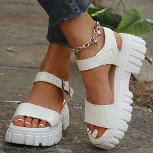 Summer New Style Large Size Flat Bottom Sandals Womens Fashion Anti-Slip Thick Heel Roman Flat Shoes Casual Pure Color round Toe