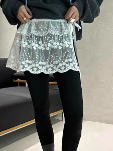 กระโปรงสั้นผ้าตาข่ายลูกไม้สีขาวสำหรับผู้หญิงไซส์ใหญ่ กระโปรงทรงเอเอวสูง ผ้าฝ้ายผสมโพลีเอสเตอร์ ความยาวครึ่งแข้ง