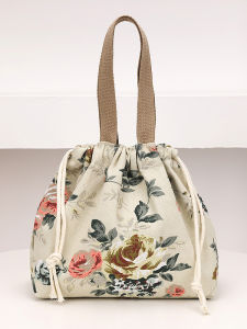 Casual Canvas Bucket Bag Womens Handbag with Drawstring Korean Japanese Print Youth Leisure Mobile Phone And Bento Box Carrier
