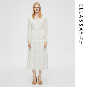 Ellassay Autumn Winter New Arrival Silk French Tea Break Dress Womens Date Fashionable Embroidered Hollow out Long Sleeve Dress
